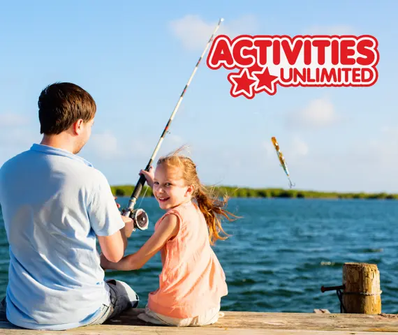 Father and daughter fishing with Activities Unlimited logo in the top right
